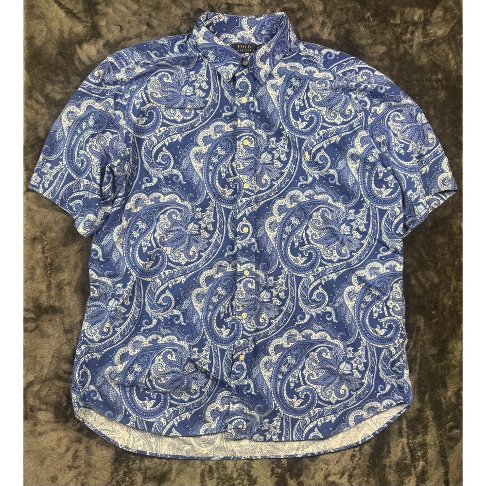 Polo Ralph Lauren Men's 2XLT Blue Paisley Shirt Short Sleeve Button Down Cotton